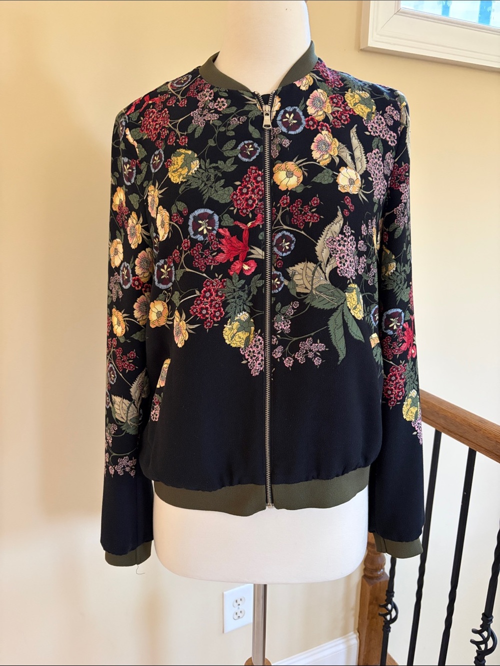 Floral Zip Bomber Jacket - Black Multi